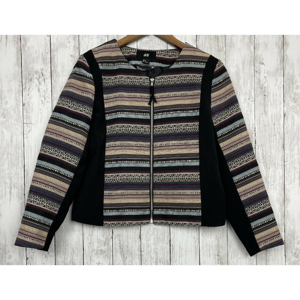 H&M Women’s 12 Collarless Blazer Zippered Aztec Boho Jacket Colorful Textured
